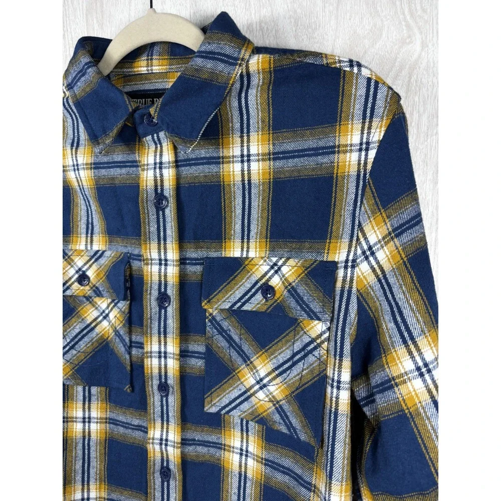 True Religion Plaid Flannel Shirt Men's M Blue Yellow Logo Streetwear Casual
